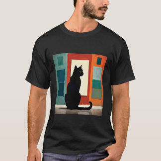 Black Cat sits in front of a artistic picture 1 -  T-Shirt