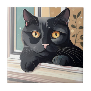 Black cat sitting Art Tile