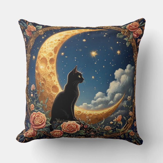 Black Cat Sitting by a Crescent Moon Cushion (Front)