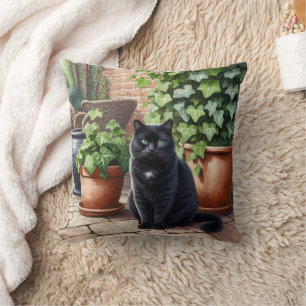 Black Cat Sitting by Ivy Plants  Cat Lover  Cushion