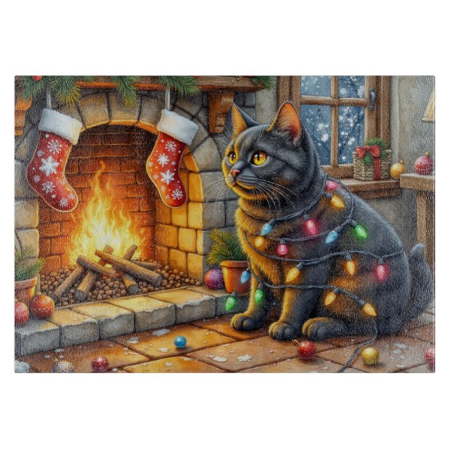 Black Cat Sitting Fireplace with Christmas Lights Cutting Board (Front)