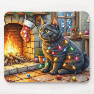 Black Cat Sitting Fireplace with Christmas Lights Mouse Mat
