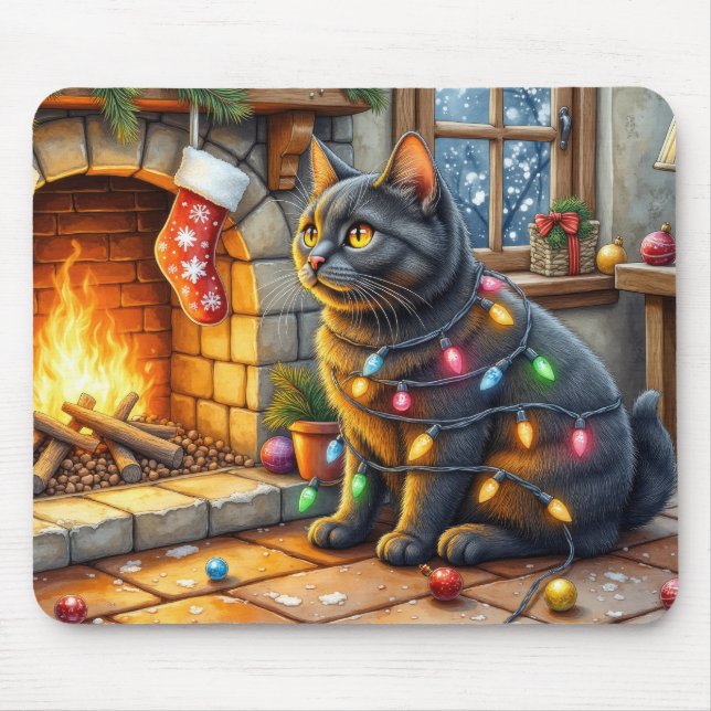 Black Cat Sitting Fireplace with Christmas Lights Mouse Mat (Front)