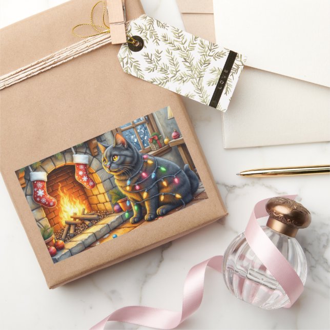 Black Cat Sitting Fireplace with Christmas Lights Rectangular Sticker (Gifting)