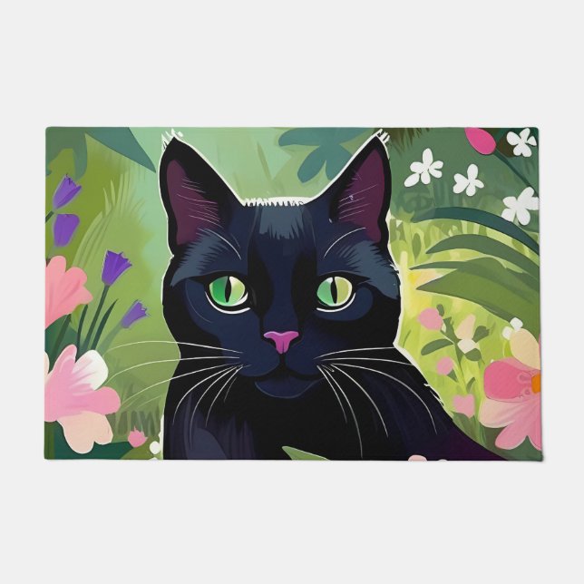 Black cat sitting in a field of flowers doormat (Front)