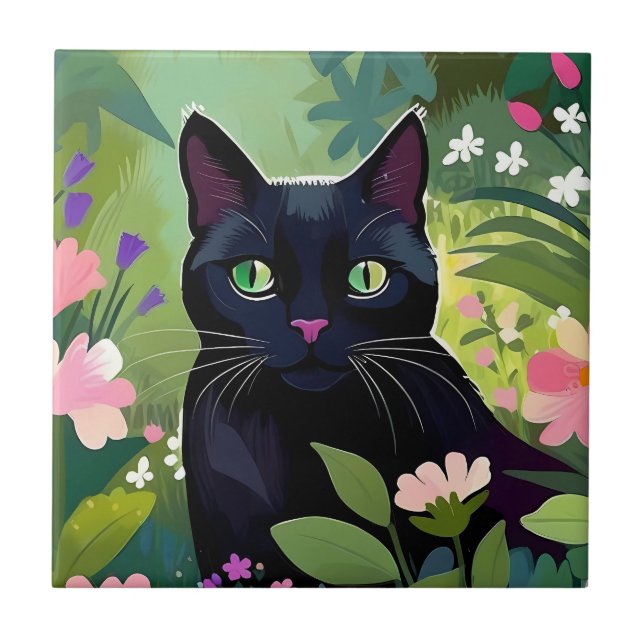 Black cat sitting in a field of flowers tile (Front)