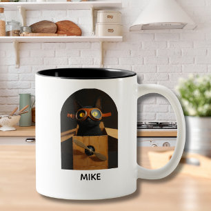 Black cat sitting in box airplane Personalized fun Two-Tone Coffee Mug