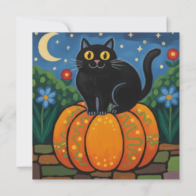 Black Cat Sitting on a Fall Pumpkin  Holiday Card (Front)