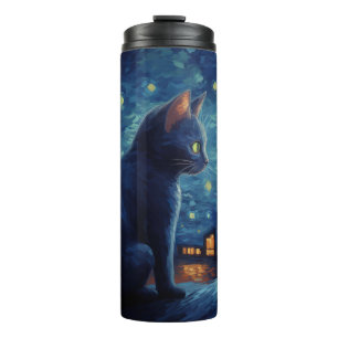 Black Cat sitting on building Thermal Tumbler