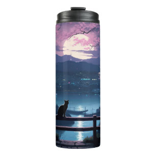Black cat sitting on lake art thermal tumbler