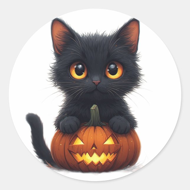 Black Cat Sitting on Pumpkin Classic Round Sticker (Front)