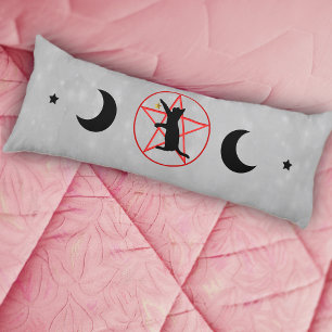 Black Cat Sitting on Red Pentagram Moon Stars Grey Body Cushion