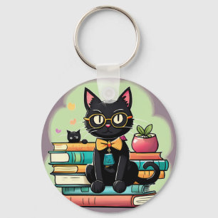 Black cat sitting on top of a pile of books key ring