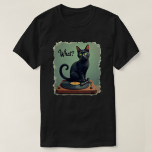 Black Cat Sitting on Vinyl Record Player T-Shirt -