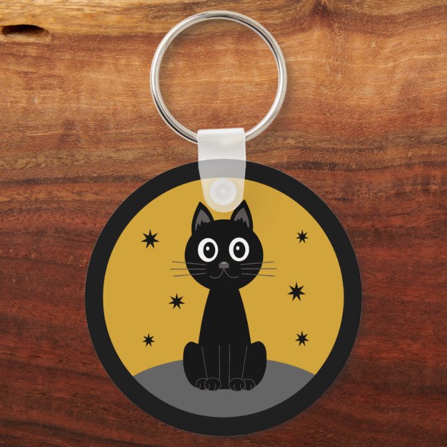 Black cat sitting watching the stars key ring (Front)