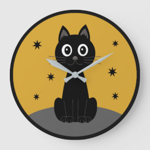 Black cat sitting watching the stars large clock