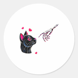 Black Cat Skeleton Hand Boop Valentines Day Pet O  Classic Round Sticker