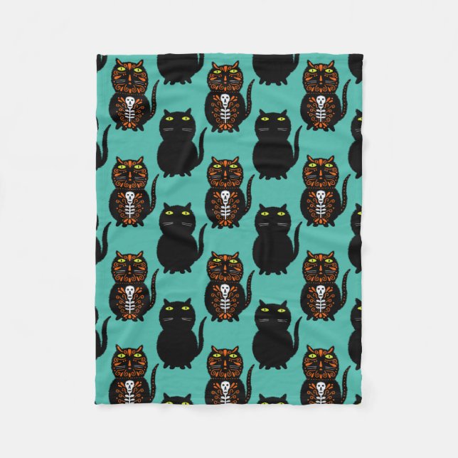 Black Cat Skull Fleece Blanket (Front)