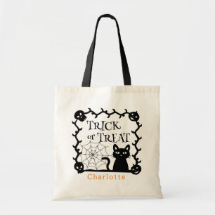 Black Cat Skull Personalised Name Trick Or Treat Tote Bag