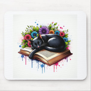 Black Cat Sleeping on Book with Flowers Mouse Mat