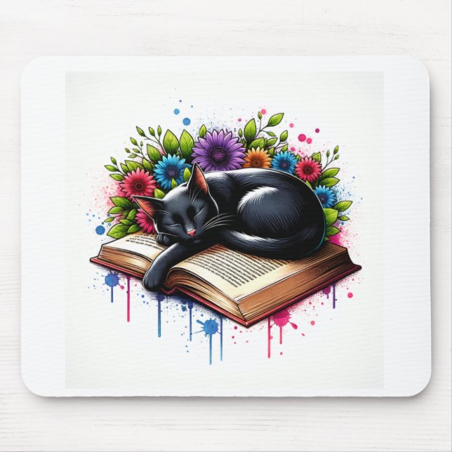 Black Cat Sleeping on Book with Flowers Mouse Mat (Front)