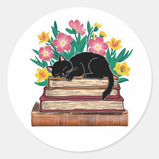 Black Cat Sleeping on Books Sticker, spring flower Classic Round Sticker (Front)