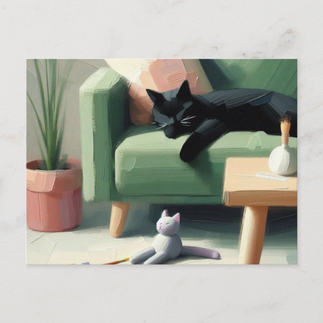 Black Cat Sleeping on Sofa Cat Lovers  Postcard (Front)