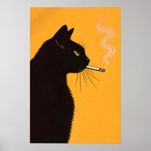 Black Cat Smoking Poster, Retro Cat Wall Art