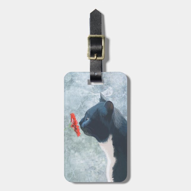 Black Cat Sniffing Flower Luggage Tag (Front Vertical)
