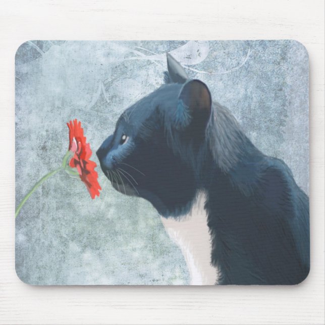 Black Cat Sniffing Flower Mouse Mat (Front)