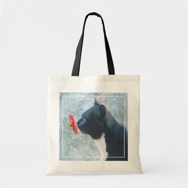 Black Cat Sniffing Flower Tote Bag (Front)