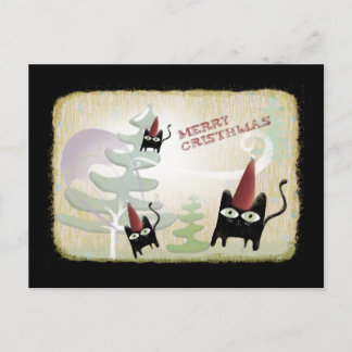 Black cat snow tree wind december cold  postcard