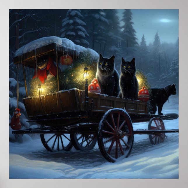 Black Cat Snowy Sleigh Ride Christmas Decor   (Front)
