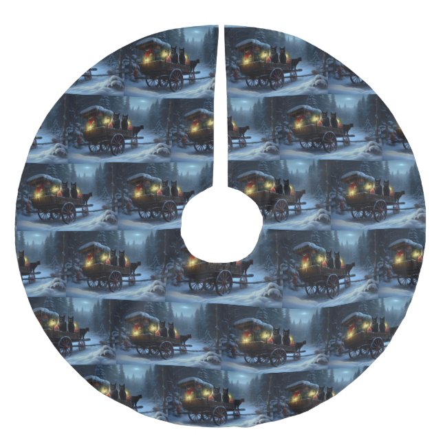 Black Cat Snowy Sleigh Ride Christmas Decor   Brushed Polyester Tree Skirt (Front)