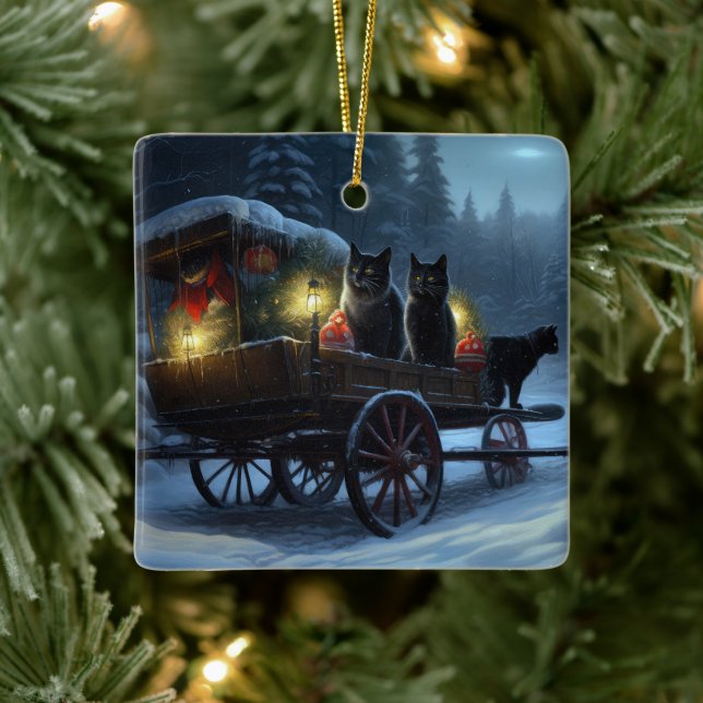 Black Cat Snowy Sleigh Ride Christmas Decor   Ceramic Ornament (Tree)