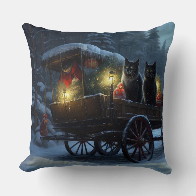 Black Cat Snowy Sleigh Ride Christmas Decor   Cushion (Front)