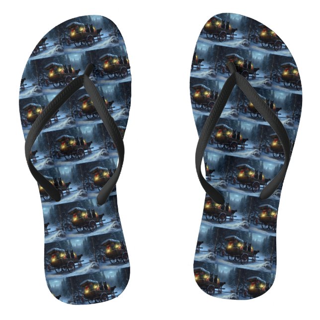 Black Cat Snowy Sleigh Ride Christmas Decor   Flip Flops (Footbed)
