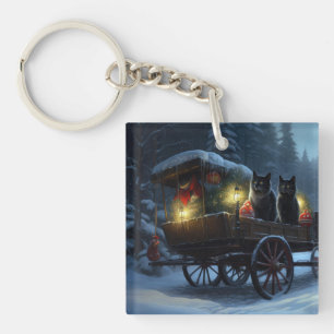 Black Cat Snowy Sleigh Ride Christmas Decor   Key Ring