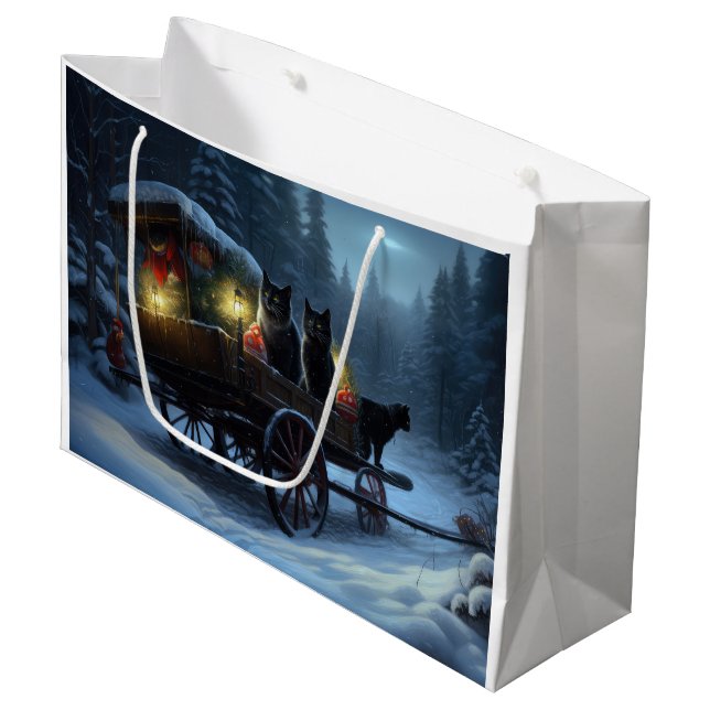 Black Cat Snowy Sleigh Ride Christmas Decor   Large Gift Bag (Front Angled)