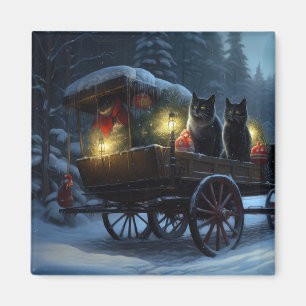 Black Cat Snowy Sleigh Ride Christmas Decor   Magnet