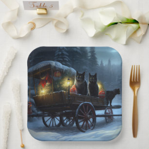 Black Cat Snowy Sleigh Ride Christmas Decor Paper Plate