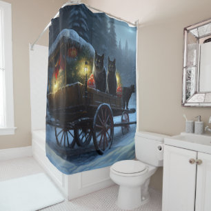 Black Cat Snowy Sleigh Ride Christmas Decor   Shower Curtain