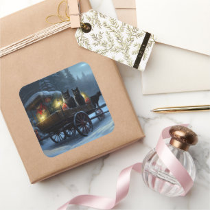 Black Cat Snowy Sleigh Ride Christmas Decor   Square Sticker