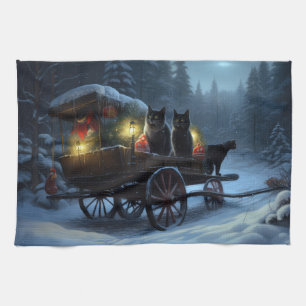 Black Cat Snowy Sleigh Ride Christmas Decor Tea Towel