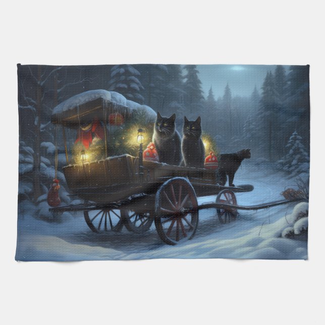 Black Cat Snowy Sleigh Ride Christmas Decor   Tea Towel (Horizontal)