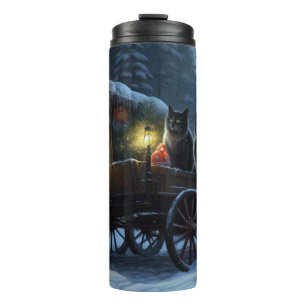 Black Cat Snowy Sleigh Ride Christmas Decor   Thermal Tumbler