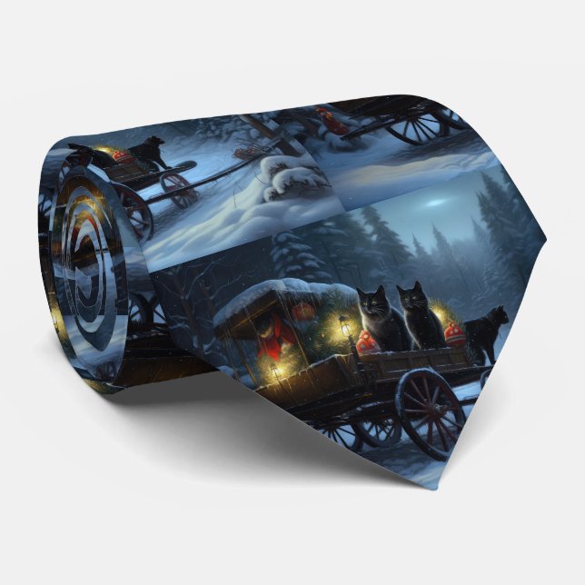 Black Cat Snowy Sleigh Ride Christmas Decor   Tie (Rolled)