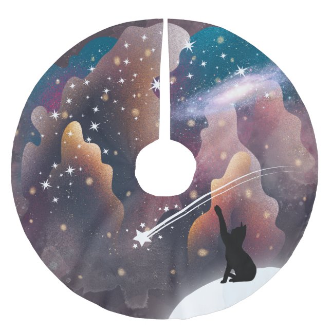 Black Cat Space Shooting Star Brushed Polyester Tree Skirt (Front)