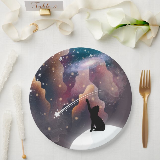 Black Cat Space Shooting Star Paper Plate (Wedding)