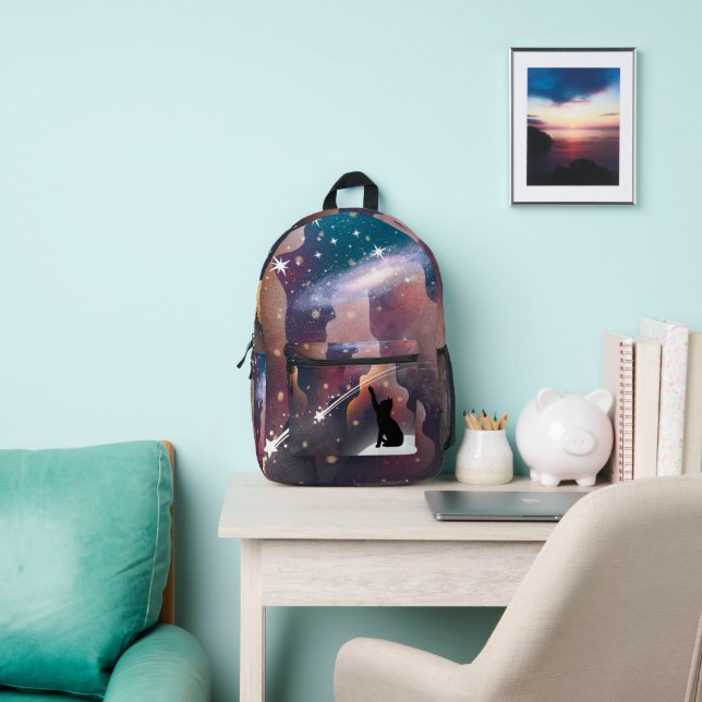 Black Cat Space Shooting Star Printed Backpack (Insitu)